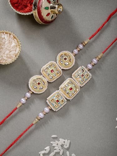 Image of Sukkhi Rakhi Traditional Kundan & Pearls Designer Meenakari Gold Plated Premium Rakhi for Brother with Roli Chawal & Greeting Card | Rakhi for Brother /Bhaiya /Bhai /Men|Rakhi Combo-Set of 2