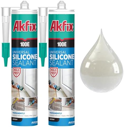 100E RTV Clear Silicone Caulk (2x10.1 fl.oz.) - 100% Silicone Sealant Waterproof for Kitchen and Bathroom, Shower, Toilet, Sink, Window and Door, No Discoloring | Clear, 2 Pack