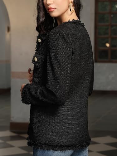 M.Infisavo Women’s Tweed Blazer Jackets with Pockets, Long Sleeve Open Front Crewneck Collarless Elegant Casual Cardigan3