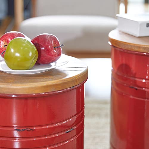 Glitzhome Rustic Storage Ottoman Seat Stool, Farmhouse Nesting End Table, Galvanized Barrel Metal Accent Side Table Toy Box Bin With Round Wood Lid For Living Room Furniture, Set Of 2, Red #TOP4