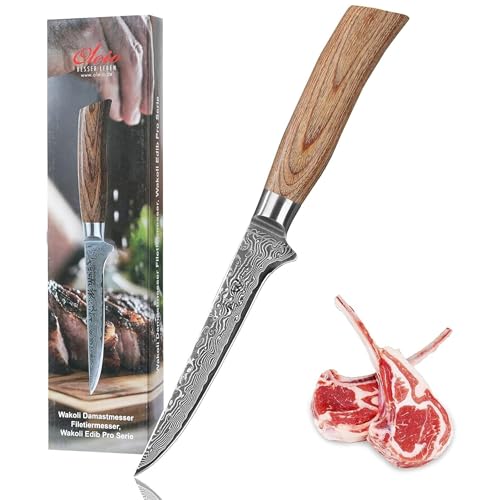 Wakoli EDIB Pro Ausbeinmesser aus echtem Damaststahl (VG10 Kern) mit 14 cm Klinge – Scharf und ergonomisch – Damastmesser mit Pakkaholzgriff in Geschenkbox – Damast Filetiermesser für Fisch & Fleisch