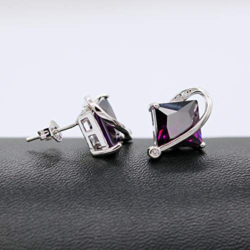 Uloveido Women's Platinum Plated Dark Purple Square Cz Pendant Necklace Stud Drop Earrings Halo Ring Bridal Wedding Jewelry Set For Bridesmaid (Purple, Size 5) T295 #TOP3