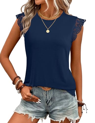 JUSTFASHIONNOW Womens Sleeveless Lace Trim Tops Flutter Ruffle Cap Sleeve Blouses Dressy Summer Casual T-Shirt Navy Blue
