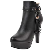  Dieenia Mujer Elegante Tacón Alto Botines Plataforma Tacón Ancho Botines Cremallera Fiesta Zapatos Borlas Negro Talla 38 EU/39CN