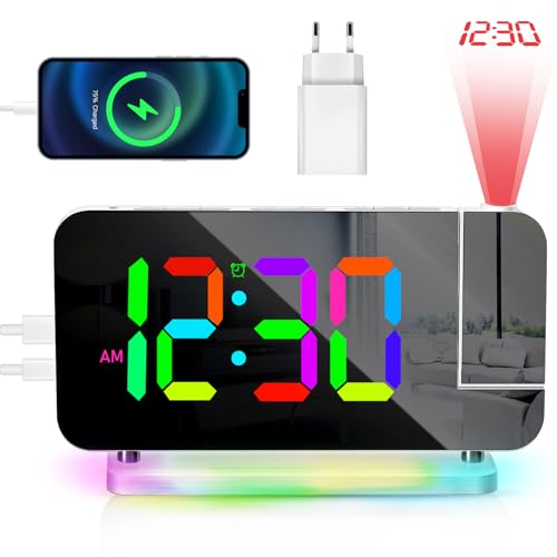 BORDEAG Wecker mit Projektion, Projektionswecker mit RGB-LED Spiegeluhr, 10 Farben Nachtlicht & 180° drehbarer Projektor, Digitaler Wecker mit USB-C, für Schlafzimmer Kinder Büro