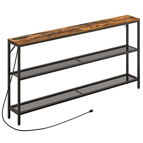 Mahancris Narrow Console Table, Sofa Table With Power Outlets, Entryway Table, 3 Tier Behind Couch Table With 2 Mesh Shelves, Rustic 63" Hallway Table With Metal Frame, Rustic Brown Cthr32E01Z #TOP7