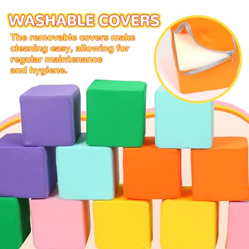 Foam Blocks for Toddlers, 12 PCS Soft Building Blocks for Kids, Large Foam Cubes Colourful Stacking Block Sets - Throw & Play Toys with Washable Cover(Pink, Light Blue, Yellow, Orange, Green, Purple) - image 4