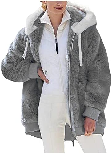 Dreamlascar Womens Oversized Sherpa Hooded Jacket Fuzzy Fleece Teddy Coat Full Zip Drawstring Hoodie Winter Warm Outerwear