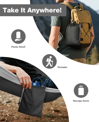 MOSFiATA Camping Hammock, Heavy Duty up to 700lbs with 2 Tree Straps and Attached Carry Bag Portable Hammock for Backpacking Hiking Durable Outdoors（Black Grey） — view 6