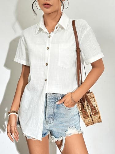 Zeagoo Womens Button Down Linen Shirt Short Sleeve Cotton Blouse Summer Casual Loose Fit Beach Tops S-2XL2