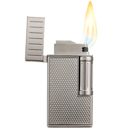 Colibri Julius Double Flame Butane Flint Cigar Lighter with Diamond-Pattern Case, Windproof & Refillable, Cigar Enthusiast's Choice with Blue Fuel Window and Adjustable Flame (Gunmetal)