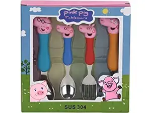 PRASHI Stainless Steel Peppa Pig Spoons Tableware Set -Cutlery Spoon and Fork Set for Babies Set of 4 Includes 2 Forks 2 Spoons with Plastic Handle for Kids