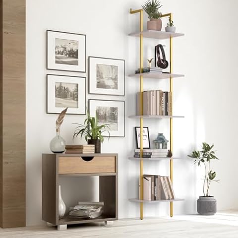 Nidouillet 5 Tier Ladder Shelf, 70-Inch Wall Mounted Bookshelf Metal Frame Storage Rack and Industrial Display Shelves for Living Room Bedroom Home Office - White Cover