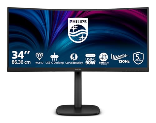 34B2U3600C - Monitor curvo WQHD da 34 pollici, altezza regolabile, altoparlanti (3440x1440, 120 Hz, 1x HDMI 2.0, 1x DP 1.2, 1x USB-C (90W PD), hub USB, RJ45) nero
