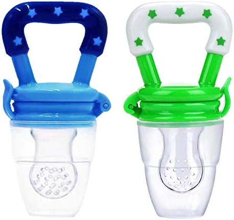 Baby Pacifier Food and Fruit Feeder, Silicone Teether, Small Size for Baby Boy 3-6 Months Old, Blue & Green - 2 Pack