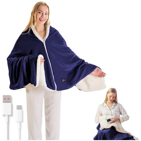 Sino Salected USB Heated Blanket, 70"x 30" Cordless Heated Blanket, Portable Heated Blanket, 3 Heat Settings ＆ 18W Heated, Heated Blanket Battery Operated(Battery not Include) Navy Blue Cover