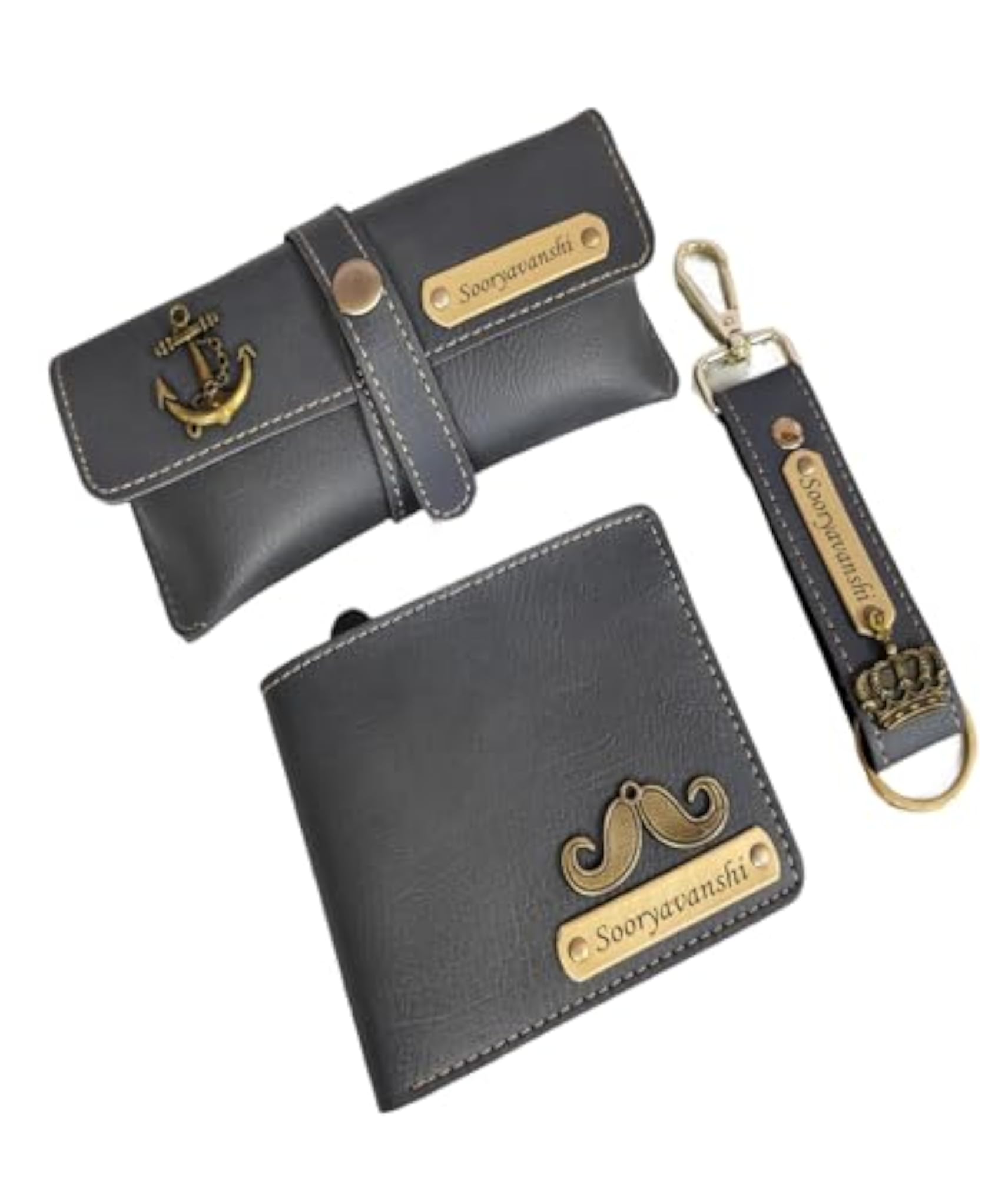 Personalised Men's Combo Gift with Leather Wallet, Key Chain, Eyewear Case