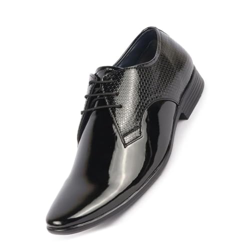 Image of FAUSTO Men's Patent Leather Shine Textured Pointed Toe Party Wedding Lace Up Derby Shoes