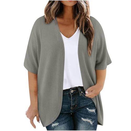 Womens Plus Size Waffle Cardigans Casual Short Sleeve Knit Kimono Coats Fall Oversized Open Front Sweater Tops