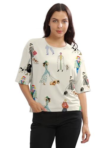 Image of HELLCAT Beige Printed Loose Fit Crew-Neck Crop T-Shirt for Women