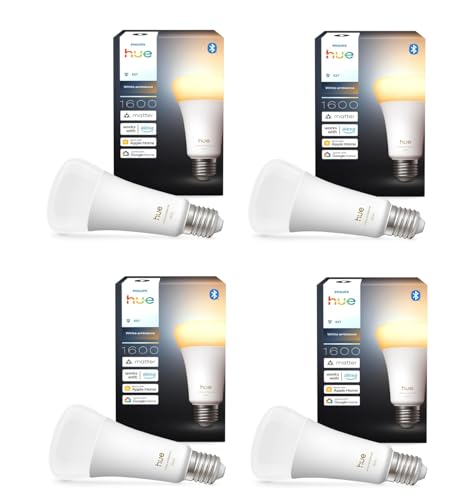 Philips Hue Bundle – 4 x weiße Ambiance 1600 A67 E27 Smart-Leuchtmittel, extra hell, dimmbar, warmes bis kühles Licht, App- und Sprachsteuerung, funktioniert mit Alexa, Google Home und Apple HomeKit