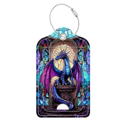 Luggage Tags,Blue Purple Diamond Dragon Stained Glass Design, Double-Sided Privacy Cover ID Labels with Stainless Steel Loop and Address Card for Travel Bag Suitcase
