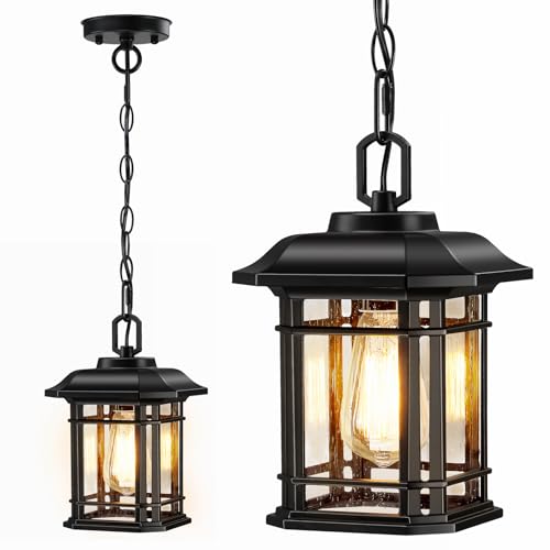 MYHXQ Outdoor Pendant Lights for Porch, Black Exterior Hanging Lanterns, Farmhouse Ceiling Light Fixture, Waterproof Tempered Seed Glass Outdoor Chandelier, 1Pack