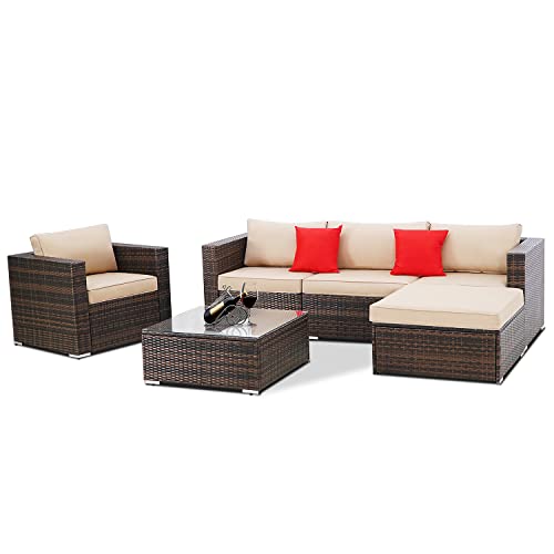 SUNCROWN 6-Piece Outdoor Furniture Set Patio Sectional Sofa All-Weather Wicker Chair Set with Washable Cushions and Modern Glass Coffee Table