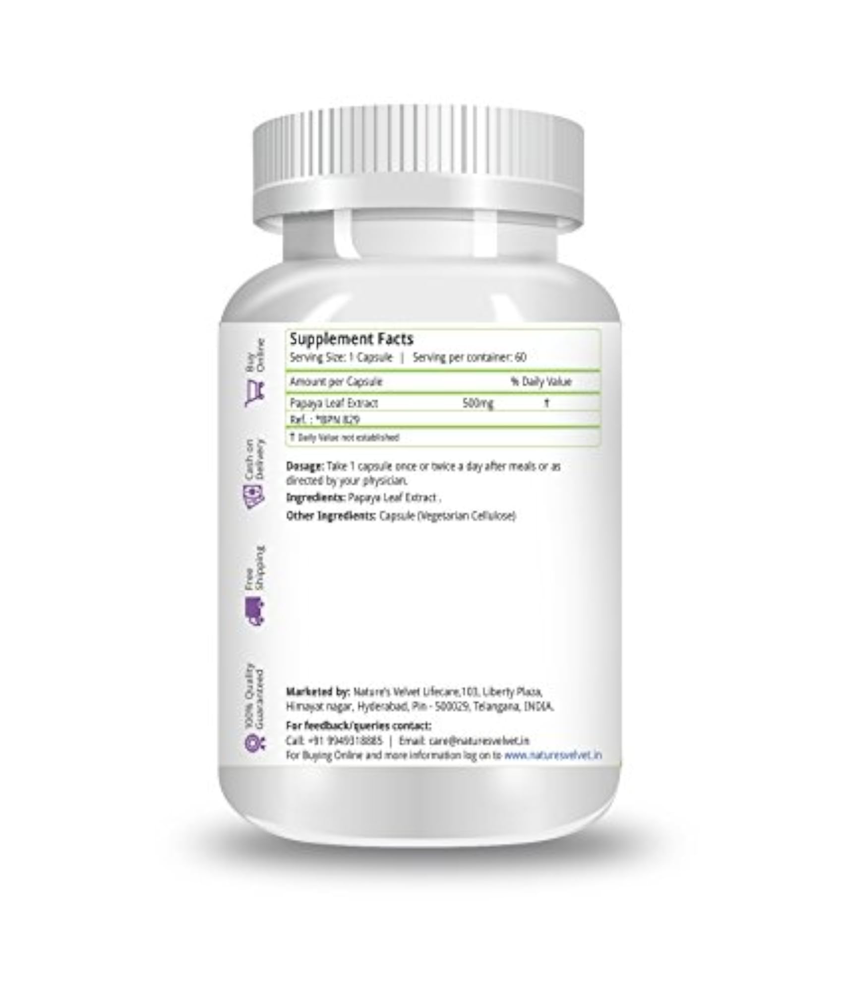 Nature's Velvet Papaya Pure Extract 500mg Veg Capsules