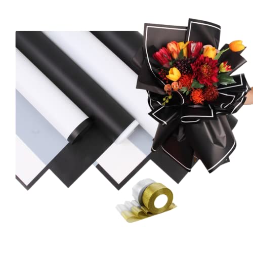 Lot de 20 feuilles de papier d'emballage pour bouquet de fleuriste - 4 styles - Noir et blanc - Étanche -58 x 58 cm - Rubans en tissu de 1,2 cm,Emballage cadeau pour anniversaire,vacances,mariage Cover