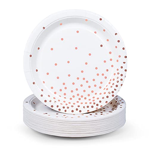 MATICAN Lot de 50 assiettes jetables en papier – Élégantes pois blancs et or rose en feuille, 22,86 cm
