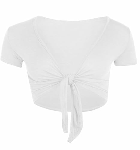 FASHION MY LOVE Women Cap Sleeve Bolero Shrug Tie Up Front Cropped Cardigan Short Sleeves Top Ladies Cap Sleeve Shrug Tie Up Front Crop Bolero Cardigan 8-26 White