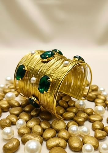 Image of Mansiyaorange Green Glass CZ Pearls Stone Fancy Western Cuff Bangle Bracelet