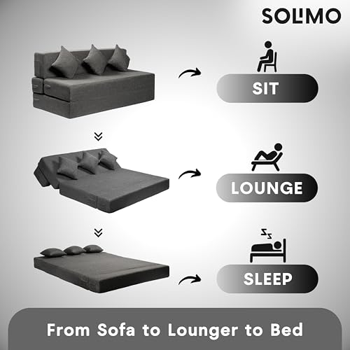 Image of Amazon Brand - Solimo 3 Seater 5 * 6 Jute Fabric Washable Cover Sofa Cum Bed with 3 Cushions 3 Seater Double Foam Fold Out Sofa Cum Bed (Finish Color - Grey Delivery Condition - Pre-Assembled)