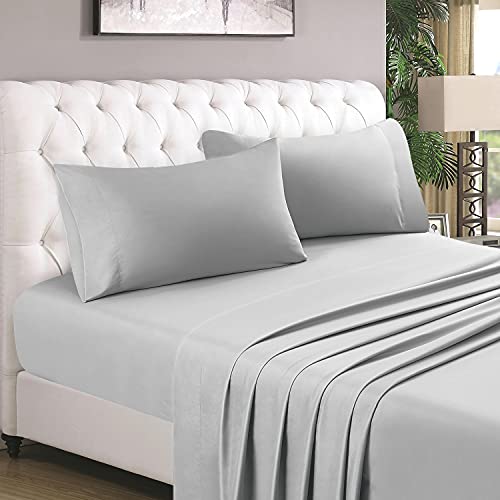 Homeideas 4 Piece Bed Sheet Set, 100% Brushed Microfiber 1800 Bedding Sheets - Deep Pockets (Queen, White & Light Gray) #TOP12