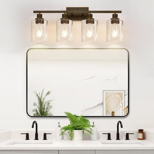 Image of MOKATNG 4-Light Bathroom Light Fixtures, Vanity Light with Clear Glass Shades, Oil-Rubbed Bronze Bathroom Light Fixtures Over Mirror, Modern Bathroom Wall Lamp for Mirror Living Room Cabinet Bedroom