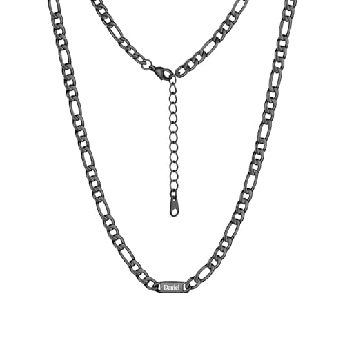 Custom4U Personalized Stainless Steel Figaro Chain for Men Women, 5mm/7mm Width Engraving 1-5 Names Figaro Chain Necklace, Steel/14K Gold Plated/Black Fathers Day Gift Hip Hop Jewelry+Send G