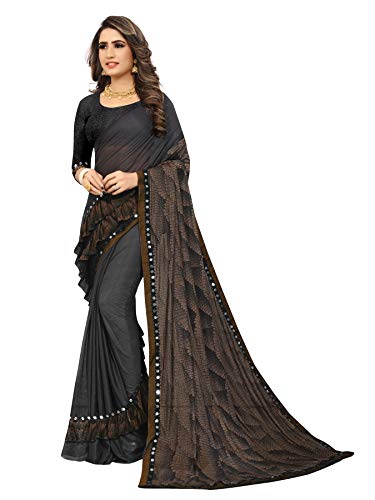 Sarees for Women Embroidery Work Saree l Indian Ethnic Wedding Wear Sari for Women (Saree & Non Stitched Blouse Piece, Brown)