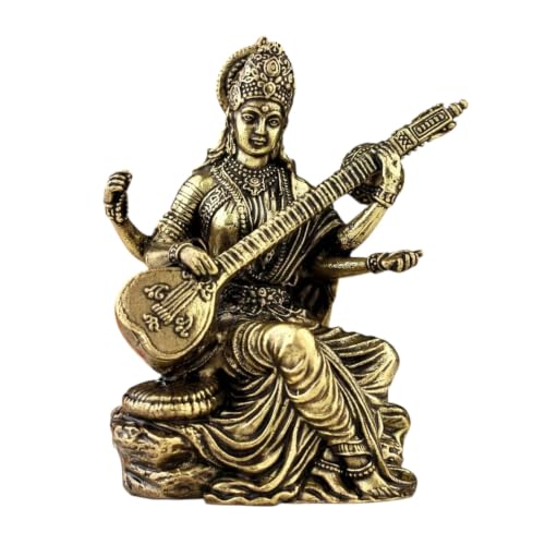 Image of Maa Saraswati Brass Idol Premium Brass Murti for Home Decor Temple Study Room Office Library Space Goddess of Wisdom Knowledge Learning Creativity Veena Swan Spiritual Gift