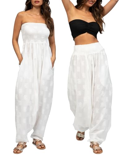 likemary Pantalones harén para mujer – Maxi mameluco que se tira hacia abajo en pantalones de algodón con estampado bohemio – Talla única 2 en 1 traje y bolsillos, Loto blanco, Talla única