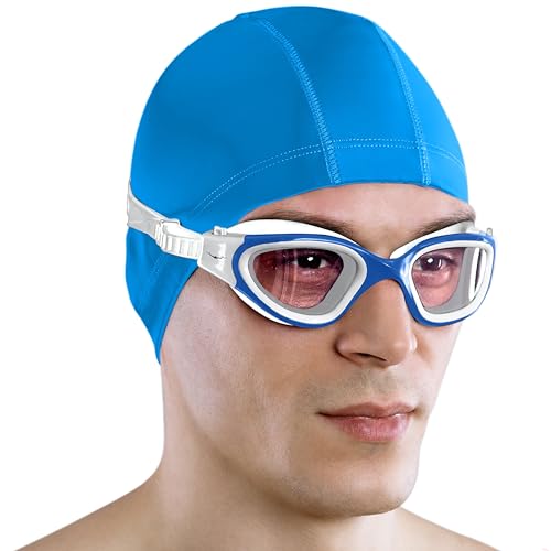 AqtivAqua Swim Goggles Swimming Goggles for Adult Men Women Kids 6-14 Youth Girls Boys Childrens DX-C (White&Blue frame, Blue case, Clear lens)