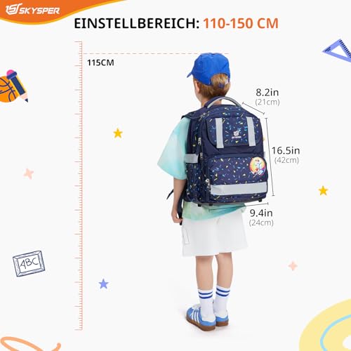 SKYSPER Schulranzen-Set 5-teilig, Schulrucksack Ergonomischer Tragesystem 16L Schulranzen mit 360° Reflektorstreifen für Mädchen Gungen Kinder 1. klasse für Reisen Sport
