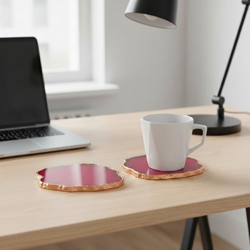 Image of Natural Agate Stone Rose Gold Plated Tea Coasters Set | Premium Stone Coasters for Tea, Coffee & Glass | Heat Resistant Coasters for Dining Table, Office Desk & Home Decor | Pack of 2 | Color -Pink