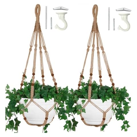 Shineloha 2PACK 43 Inches Macrame Planter Hanger Large for up to 12 inch Pot + Swag Hook | Extra Long, No Tassel, Jute Rope | Hanging Planter for Indoor Plants, No Pot/Plant Included (Brown) Cover