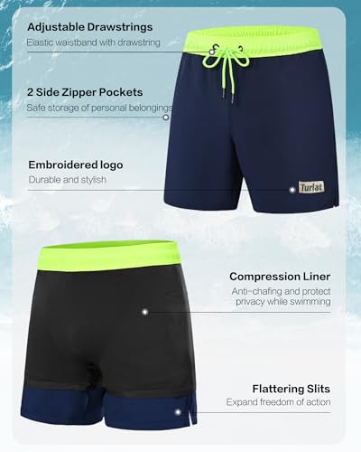 Black Mens Swim Trunks with Compression Liner 5" Quick Dry Swimming Beach Shorts for Men Bathing Suits Zipper Pockets2