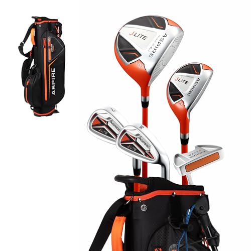 Aspire X-Lite Super Performance Junior Golf Club Set - Right-Handed Kids Golf Set with Driver, Hybrid, 7 Iron, Putter, Stand Bag & Headcovers - Orange Ages 9-12