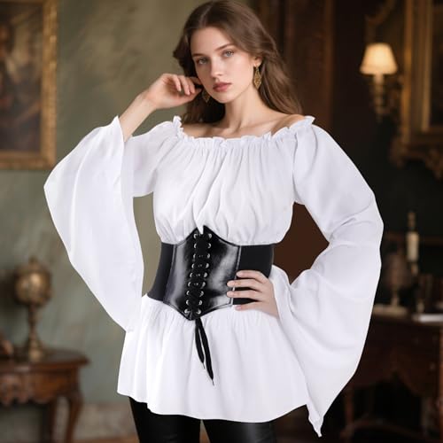 Women Renaissance Blouse Top Corset Waist Belt, Pirate Corset Shirt, Medieval Costume Off Shoulder Peasant Shirt3