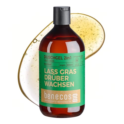 BenecosBIO Duschgel 2in1 Lass Gras drüber wachsen - Bio-Hanf - zertifizierte Naturkosmetik - vegan - sanfte Reinigung für Haut & Haare - nachfüllbar - 500ml