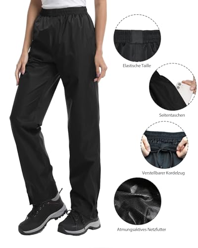 Coutyuyi wasserdichte Damen Regenhose Leicht Wanderhose Wasserdicht & Atmungsaktiv Winddichte Überziehhose Outdoor(Schwarz,Medium/29)
