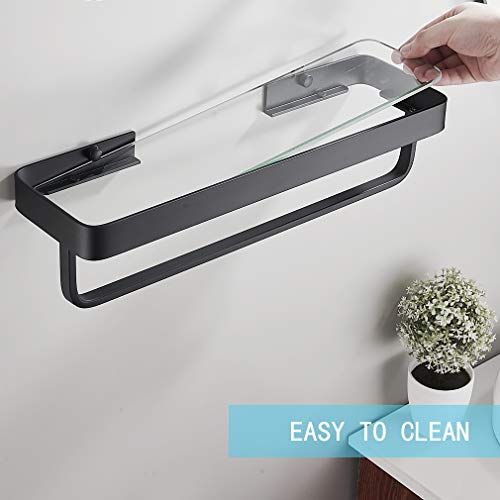 Simve 15.7 Inch Bathroom Tempered Glass Shelf With Towel Bar,Wall Mounted Aluminum Shower Organizer,Over Toilet Storage Cabinet,Matte Black,Kitchen Rectangular Vanity Rack #TOP3